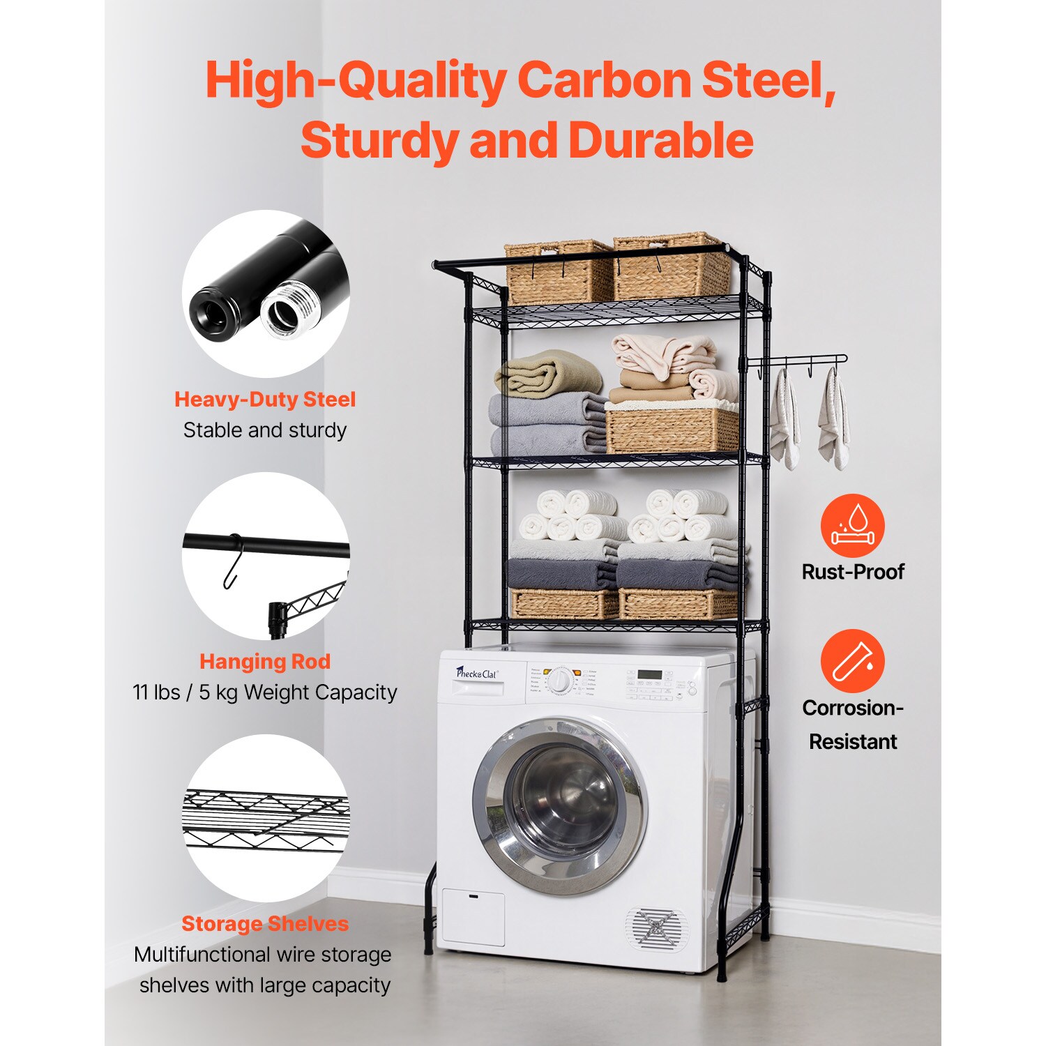 Over Washer And Dryer Storage Rack With Hanging Rod And Hooks_voghion.com